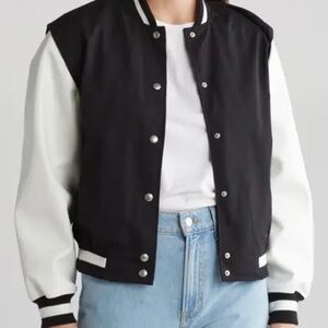 Brand-new BLANKNYC Colorblock Faux Leather Sleeve Varsity Jacket, size medium
